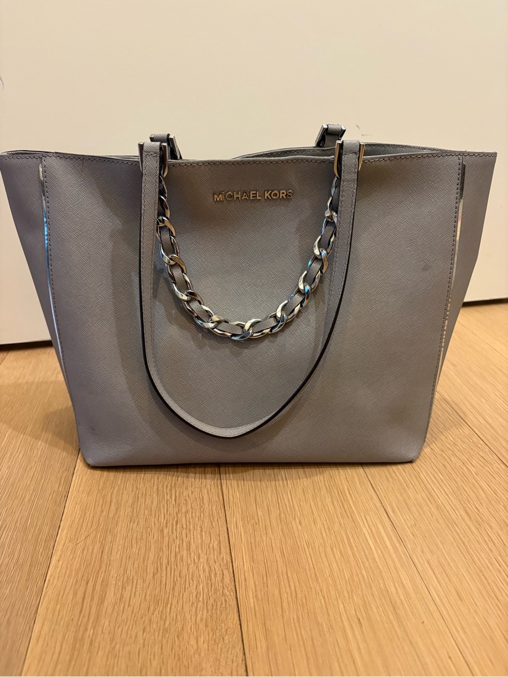 Michael Kors Light Gray Saffiano Leather Tote with Chain Handles
